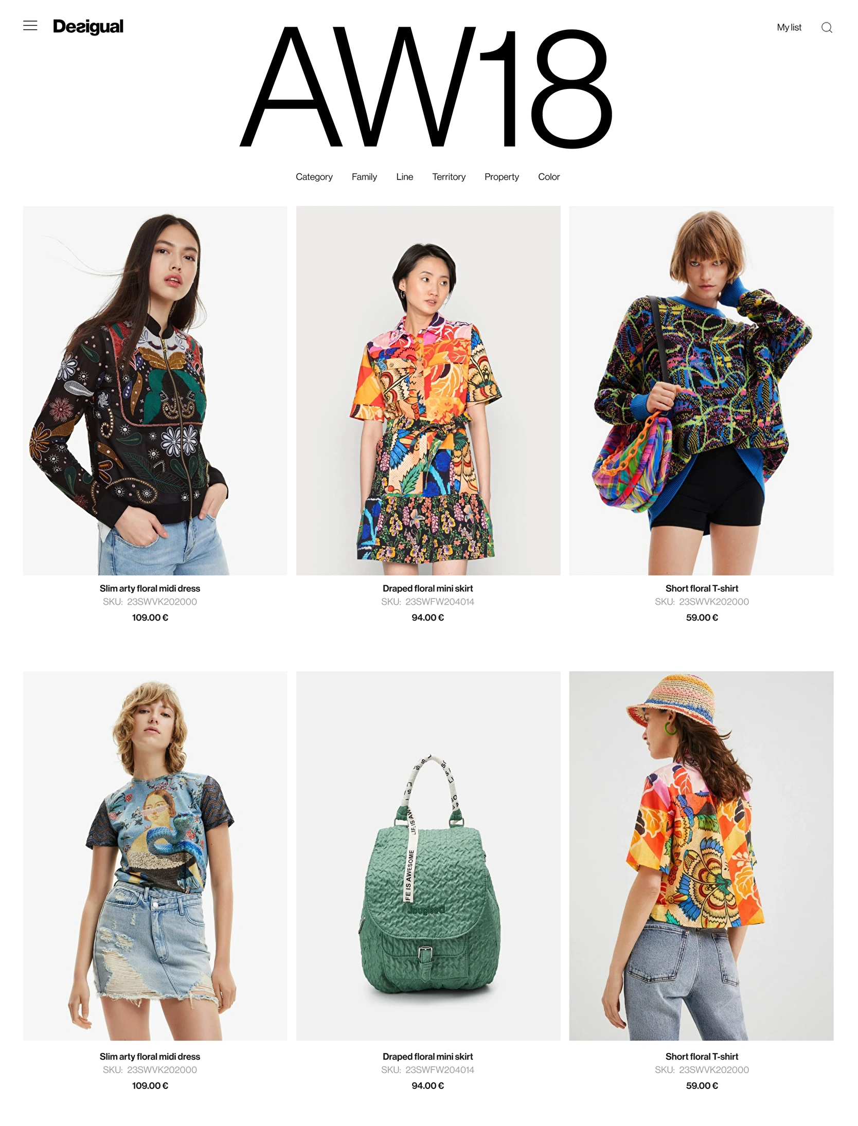 Category landing design for one of Desigual's fashion collections. Categorization by filters for retail customers.