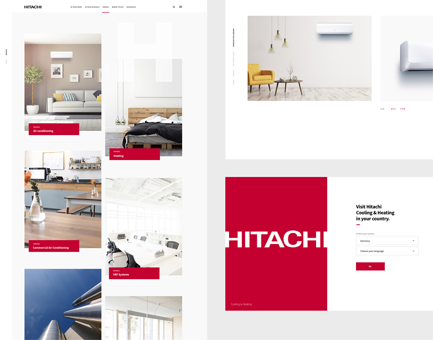 Design of the different sections that make up the Hitachi corporate website.