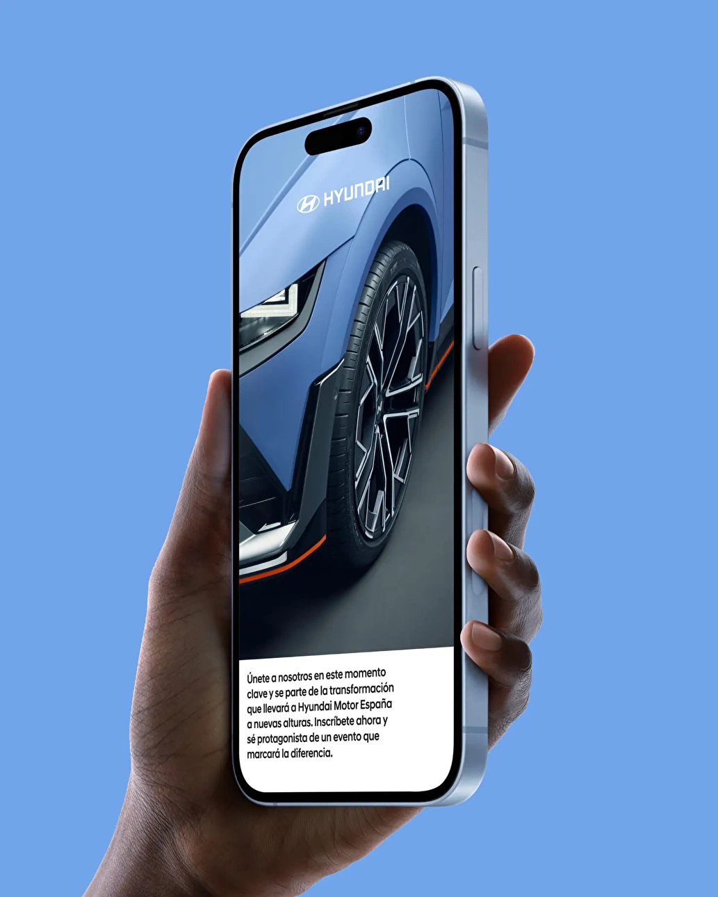 Mockup of the Hyundai corporate event landing page displayed on a smartphone, showcasing the event’s branding and modern web design.