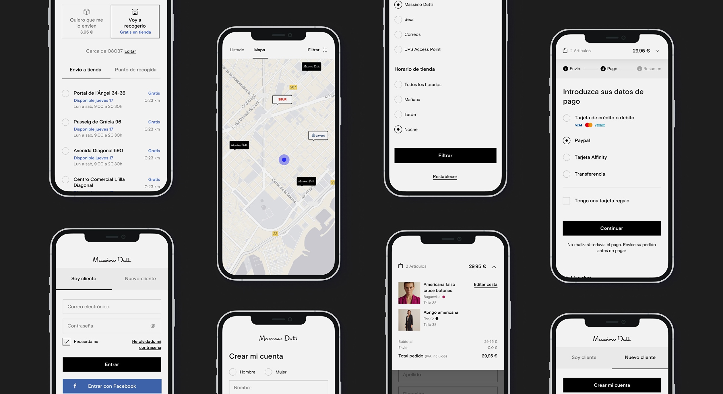 Screens of the product design for Massimo Dutti app.