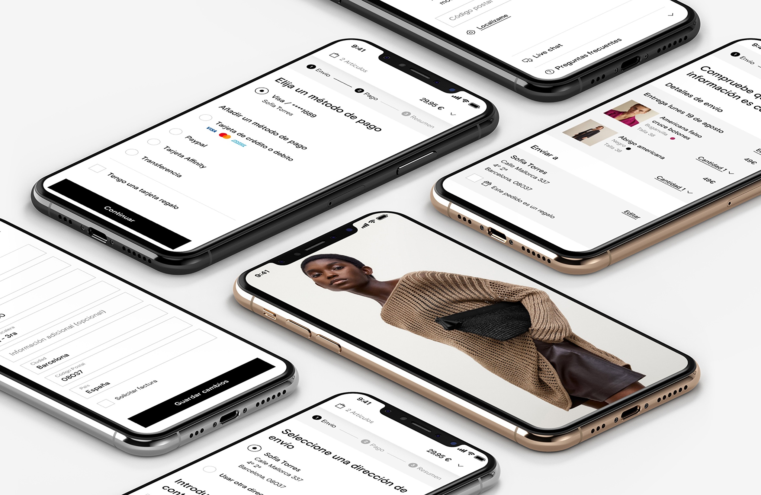 Screens of different app interfaces designed for Massimo Dutti.