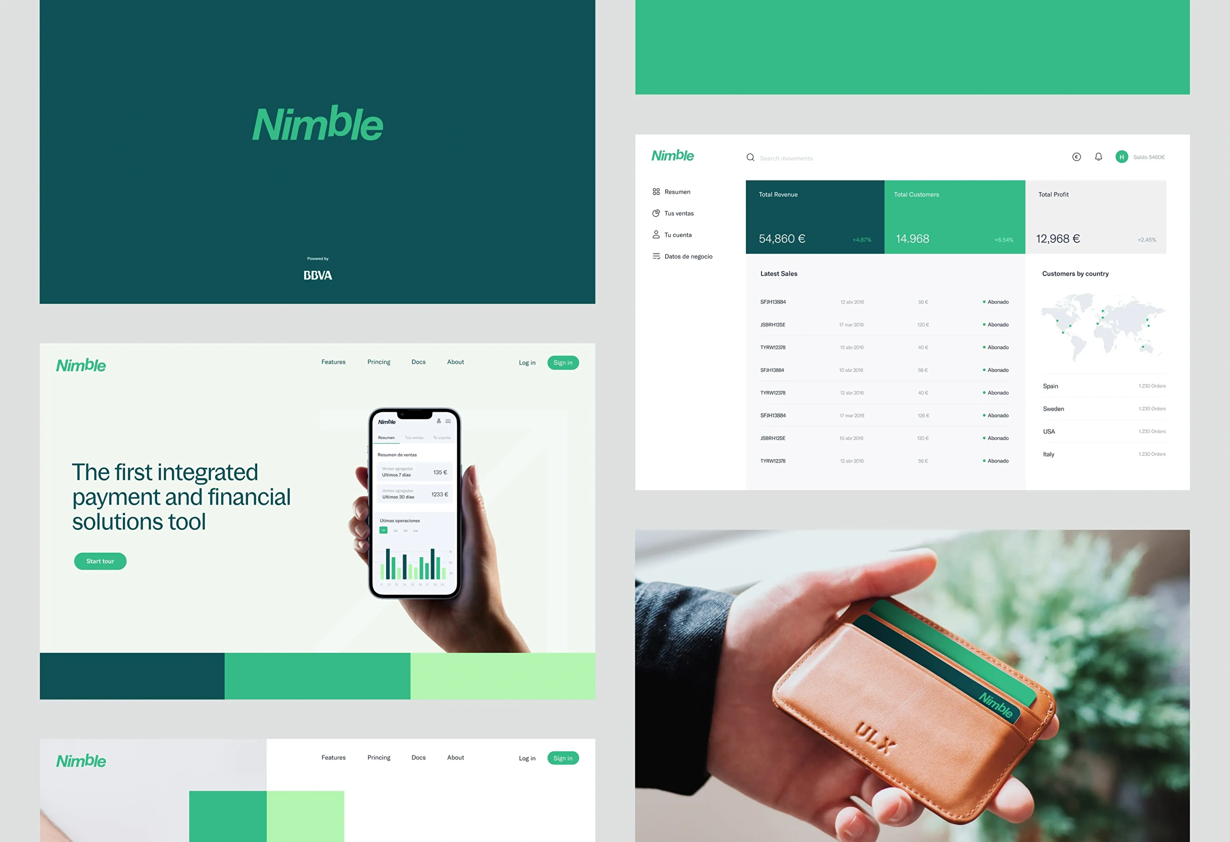 Collage of images showcasing the design and functionalities developed for Nimble, BBVA product.
