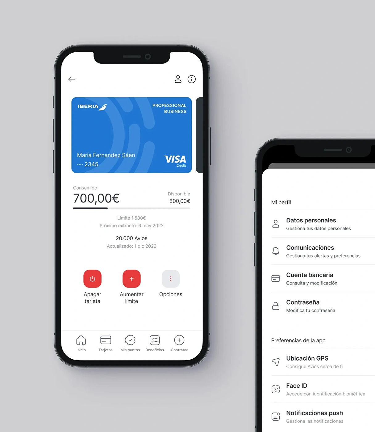 User account and dashboard mobile designs for Iberia Cards. Fintech product detail.