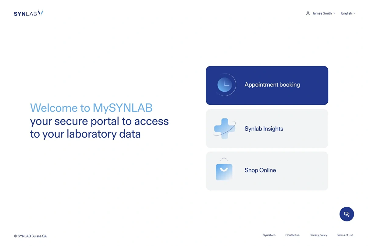 MySYNLAB welcome page, a digital product designed for the healthcare industry.