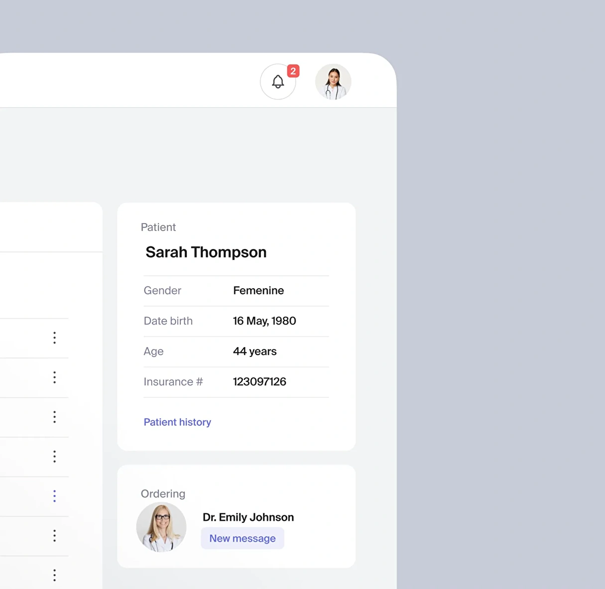 Screenshot of a patient record detail design.