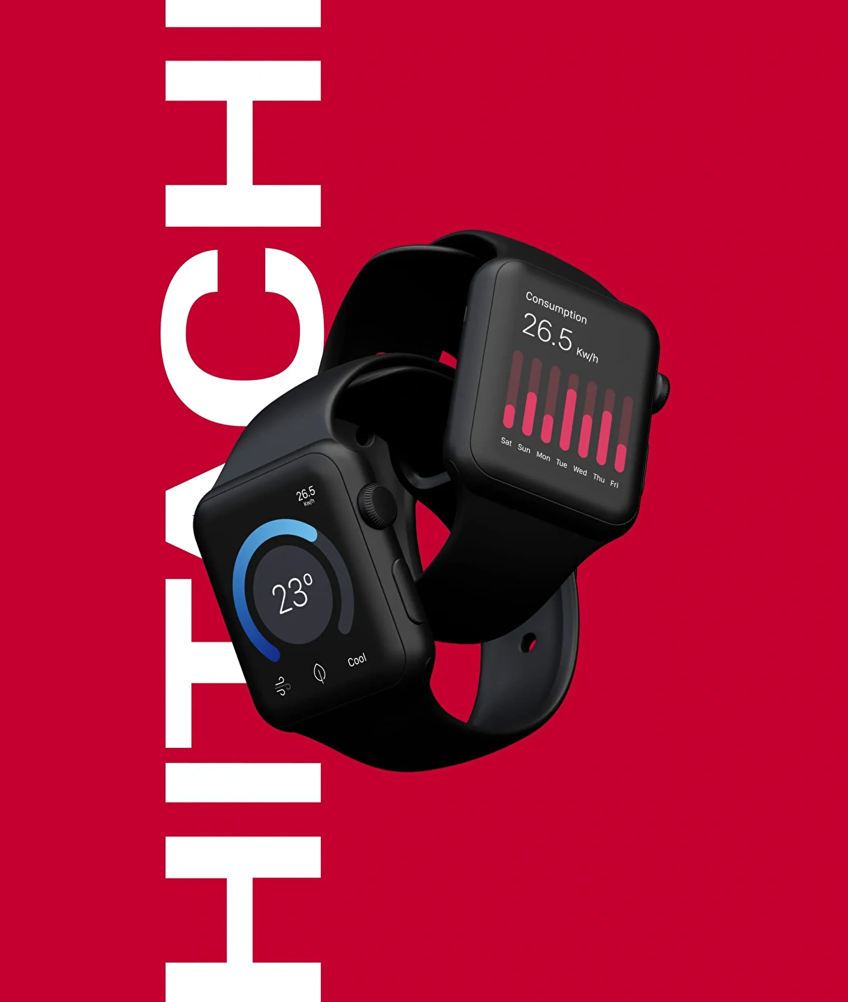 Smartwatches with sleek, modern designs displaying various data, including temperature and graphs. Showcasing Hitachi's innovative technology and data-driven solutions.