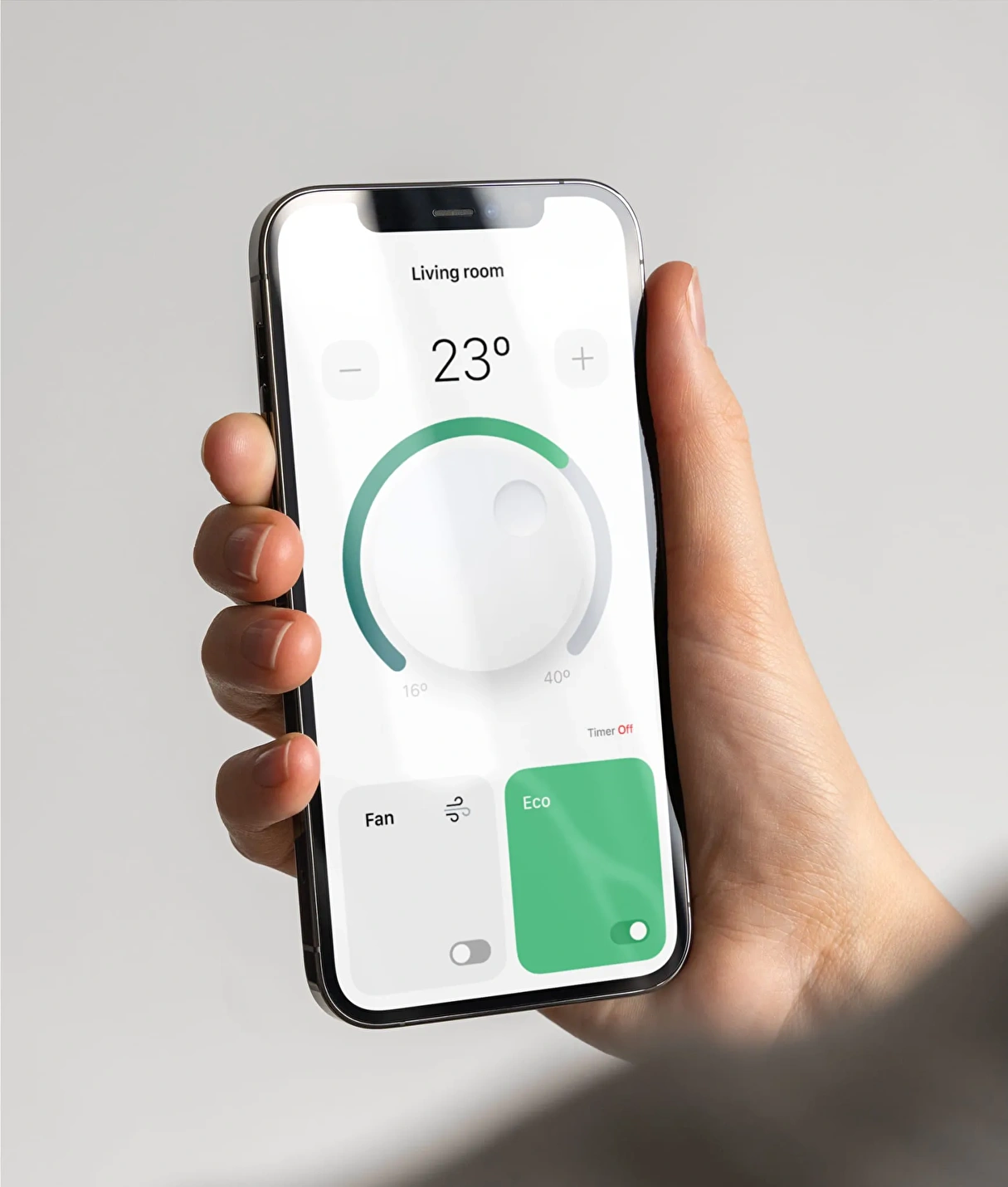 App design displaying air conditioning usage data and an 'eco' mode option for energy efficiency.