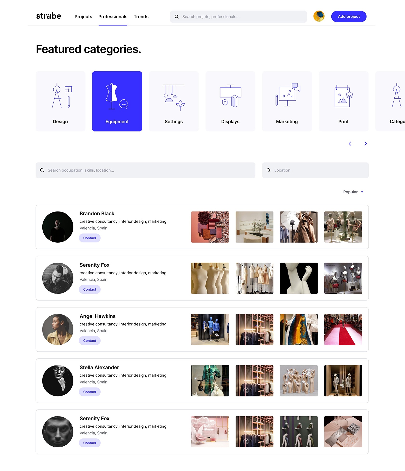 Screens of the search page layout.