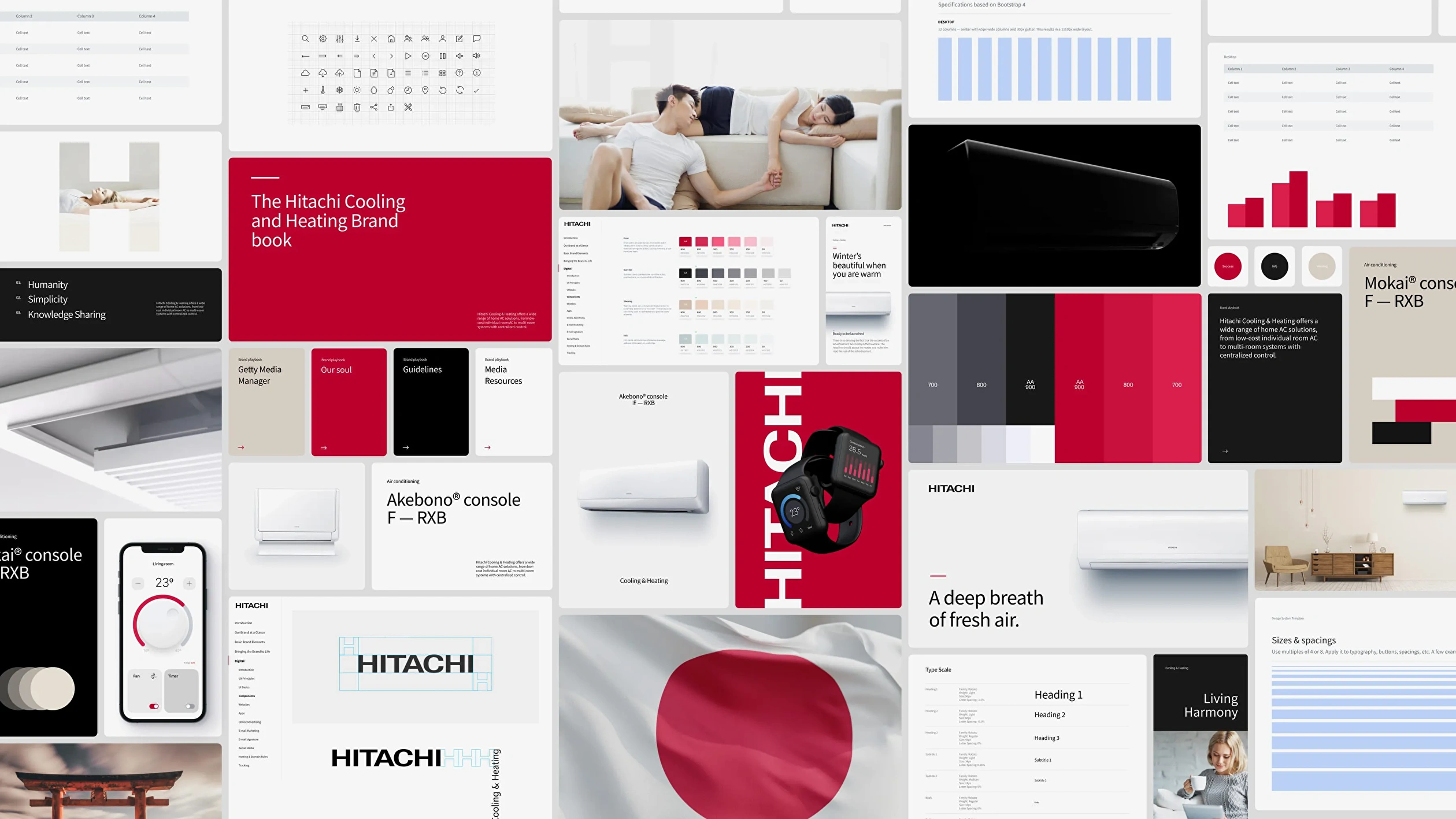 Collage of Hitachi Cooling & Heating digital brand ecosystem including logos,colors, icons and brand book